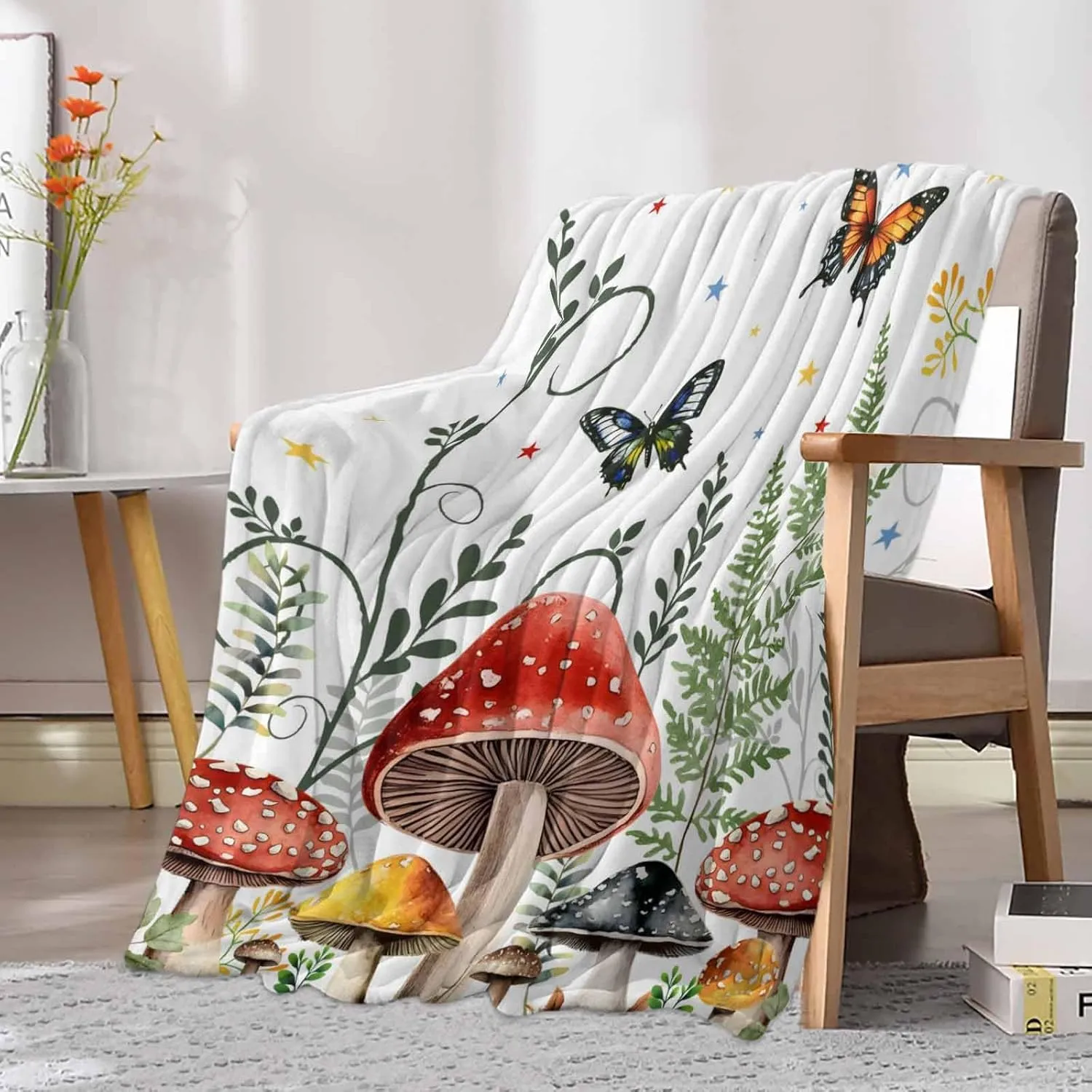 Fleece Flannel Blanket Garden Plants Butterflies Thin Soft Warm Cozy Bed Throw for Home Sofa Travel Camping Couch Picnic Botanical Star On White 60x80IN