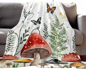 Fleece Flannel Blanket Garden Plants Butterflies Thin Soft Warm Cozy Bed Throw for Home Sofa Travel Camping Couch Picnic Botanical Star On White 60x80IN