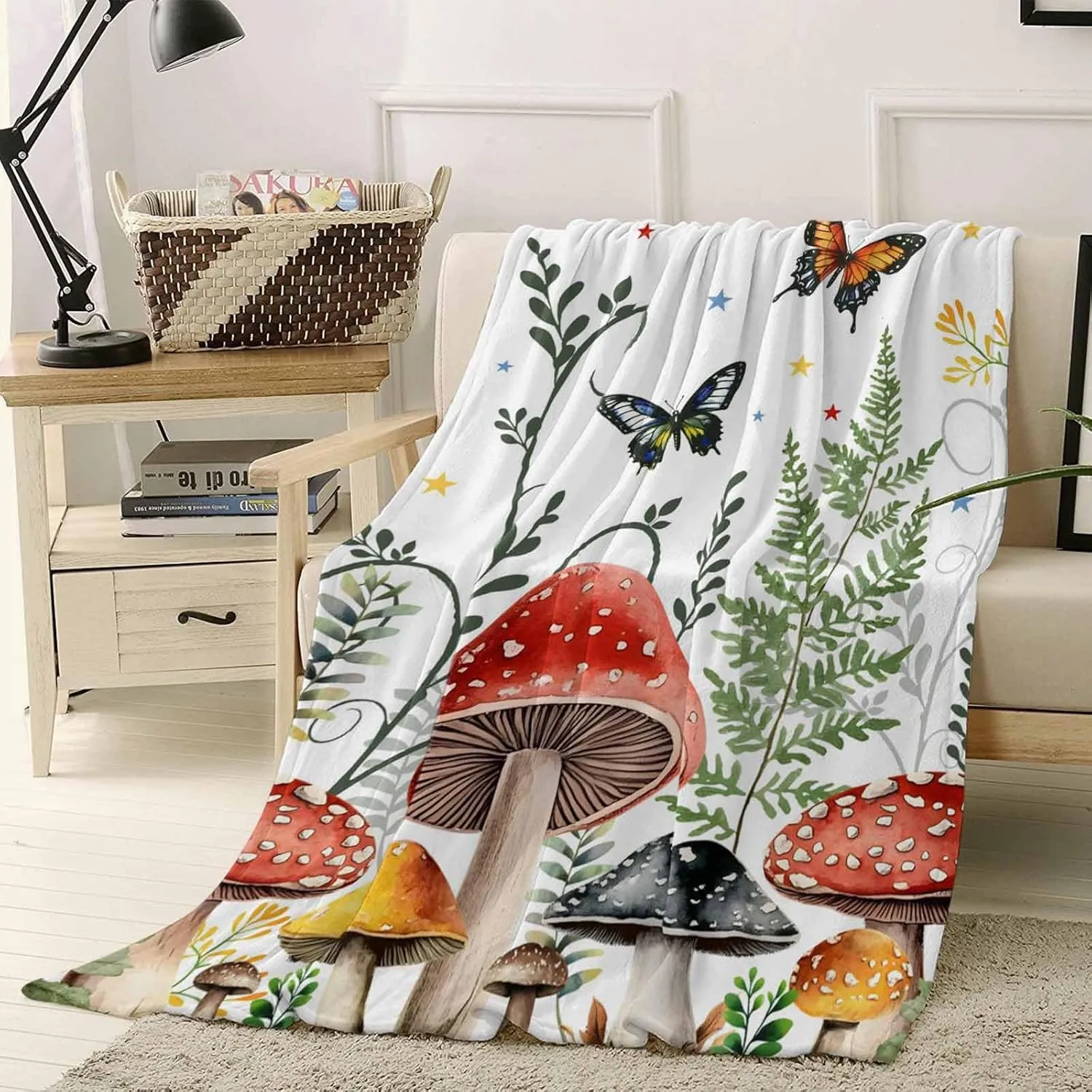 Fleece Flannel Blanket Garden Plants Butterflies Thin Soft Warm Cozy Bed Throw for Home Sofa Travel Camping Couch Picnic Botanical Star On White 60x80IN
