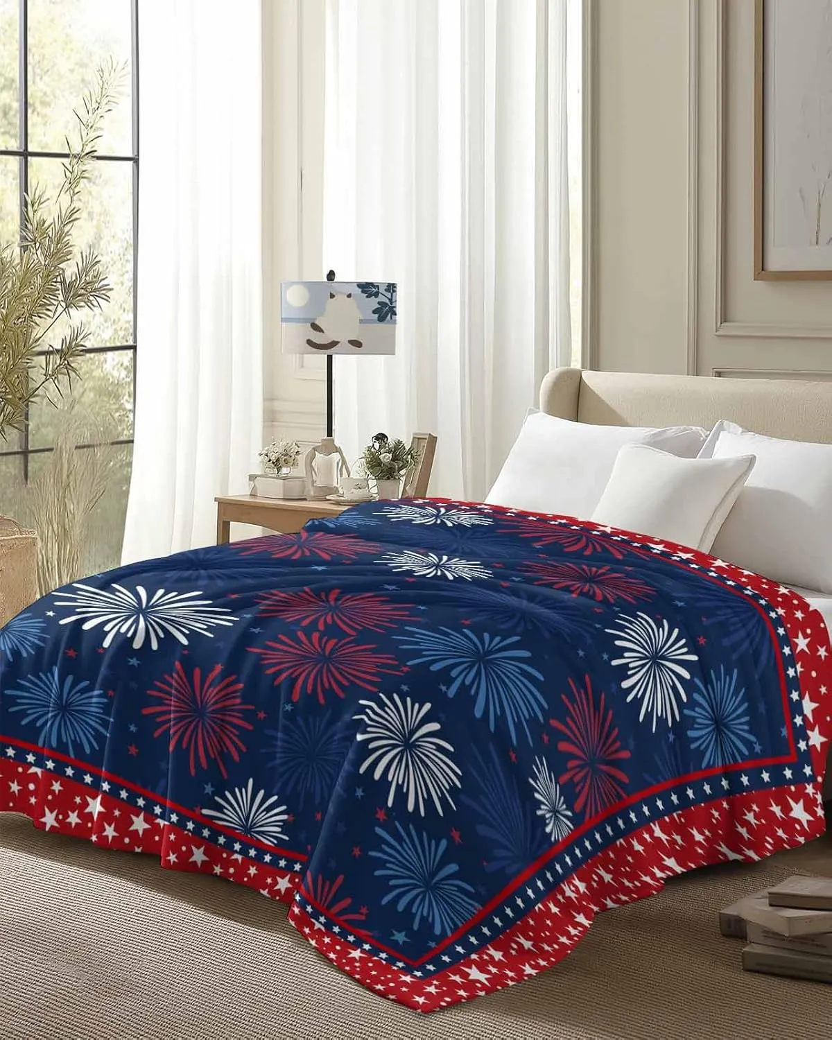 Fleece Flannel Blanket Independence Day Thin Soft Warm Cozy Bed Throw for Home Sofa Travel Camping Couch Picnic Classic USA Red White Blue Stars 50x60IN