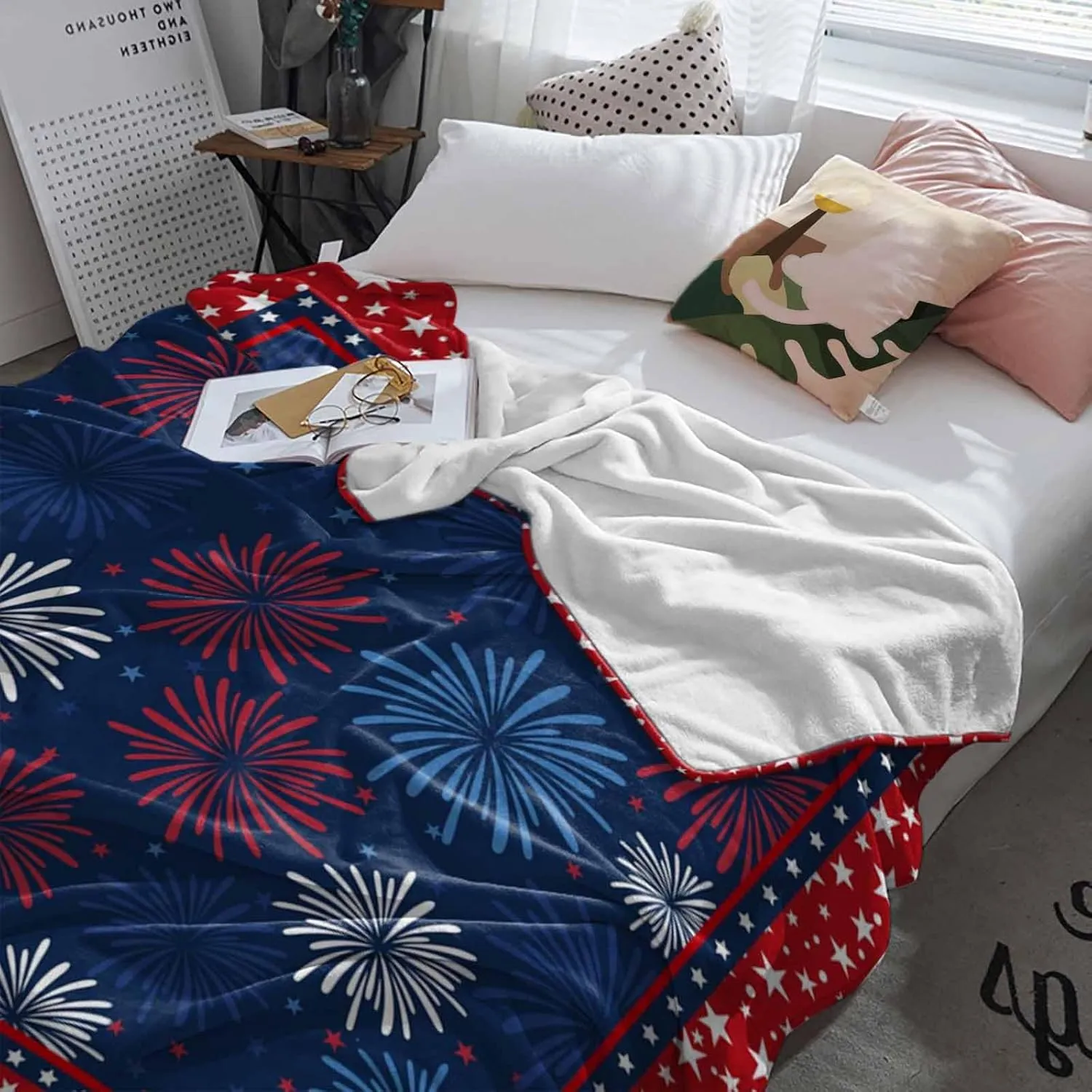 Fleece Flannel Blanket Independence Day Thin Soft Warm Cozy Bed Throw for Home Sofa Travel Camping Couch Picnic Classic USA Red White Blue Stars 50x60IN