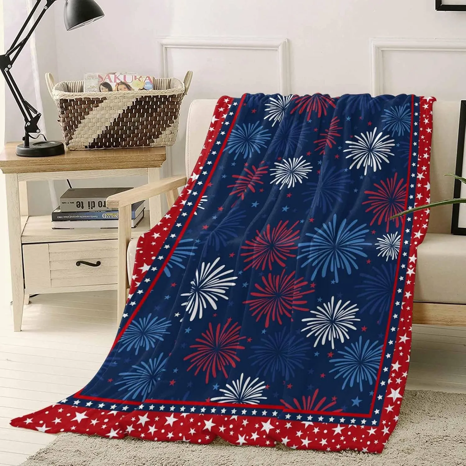 Fleece Flannel Blanket Independence Day Thin Soft Warm Cozy Bed Throw for Home Sofa Travel Camping Couch Picnic Classic USA Red White Blue Stars 50x60IN