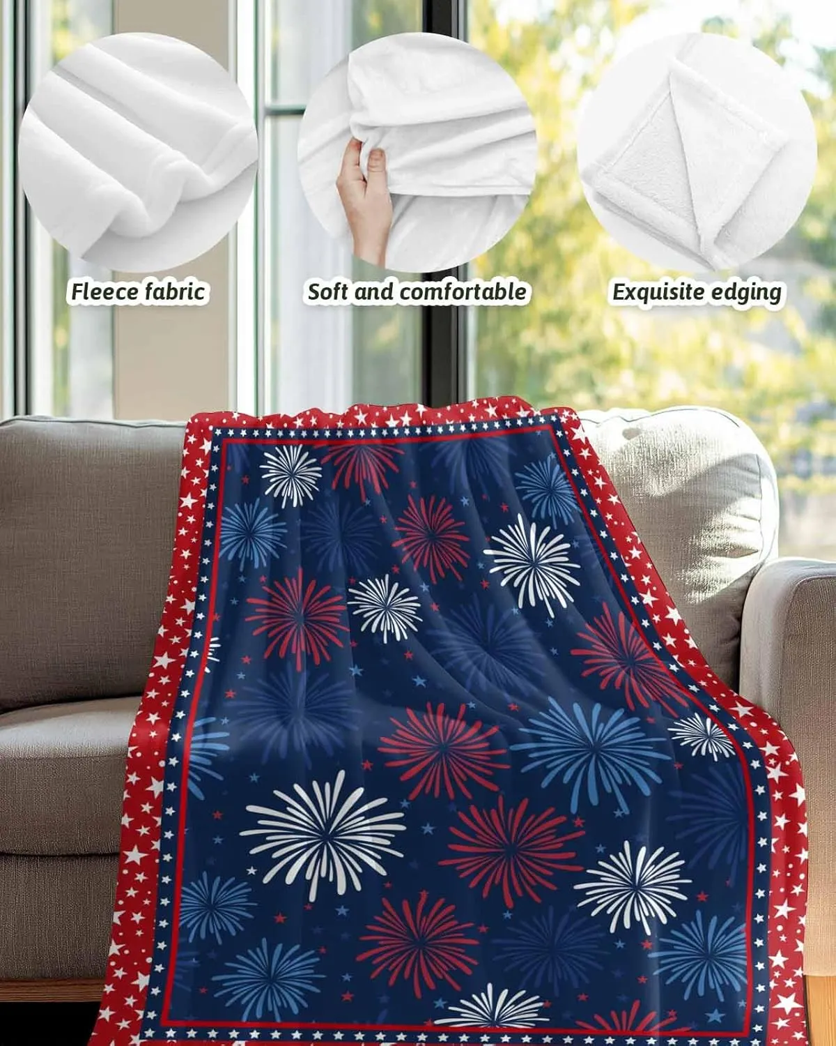 Fleece Flannel Blanket Independence Day Thin Soft Warm Cozy Bed Throw for Home Sofa Travel Camping Couch Picnic Classic USA Red White Blue Stars 50x60IN