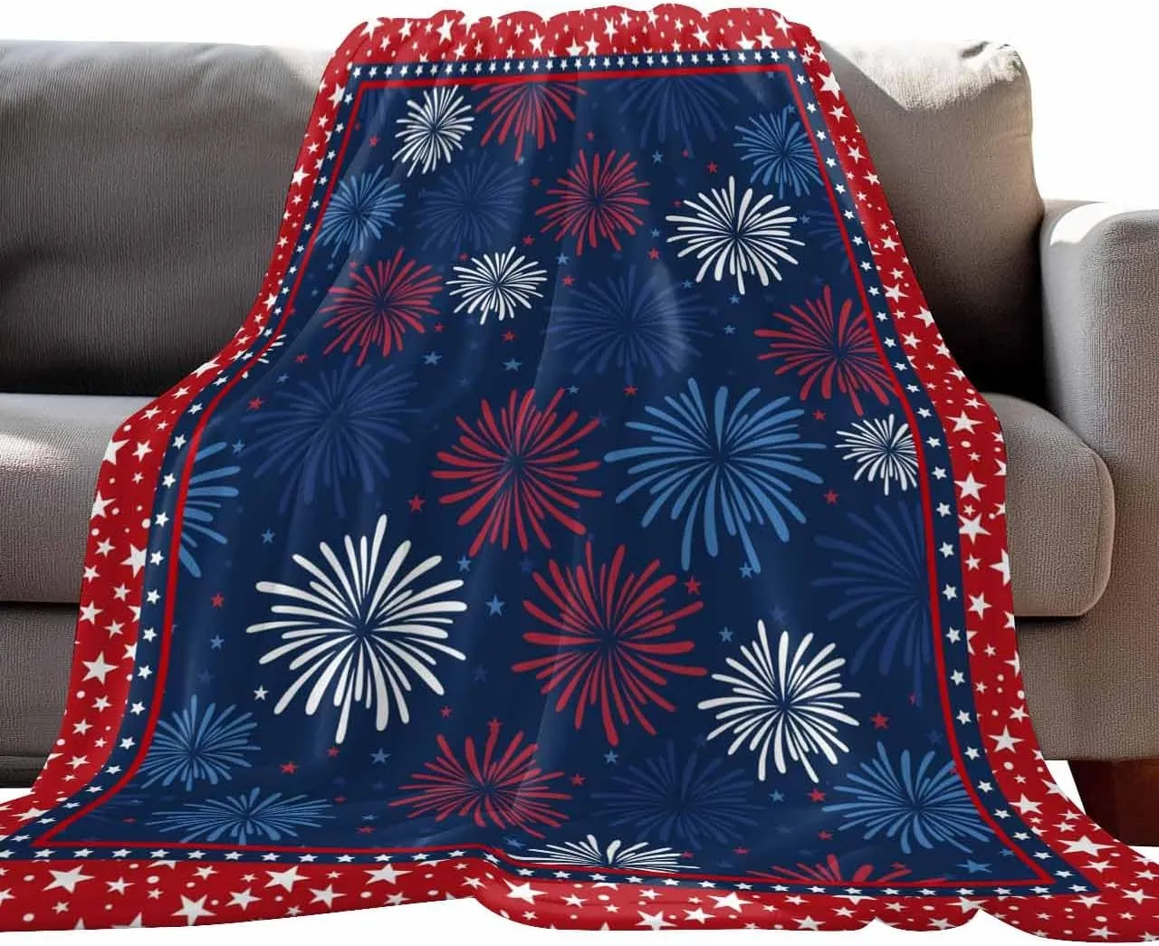 Fleece Flannel Blanket Independence Day Thin Soft Warm Cozy Bed Throw for Home Sofa Travel Camping Couch Picnic Classic USA Red White Blue Stars 50x60IN