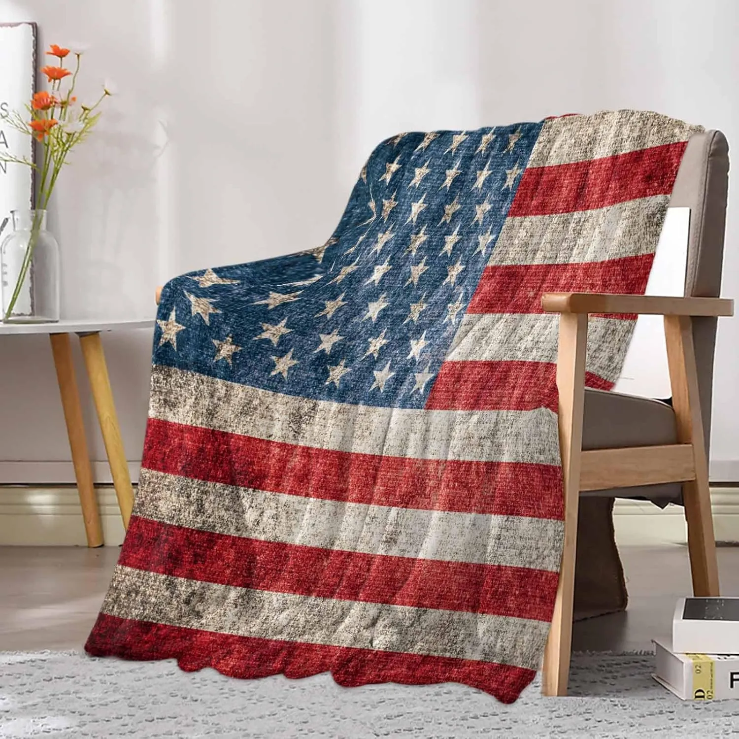 Fleece Flannel Blanket Vintage American Flag Thin Soft Warm Cozy Bed Throw for Home Sofa Travel Camping Couch Picnic Old USA Red White Blue Stripes Star 50x60IN