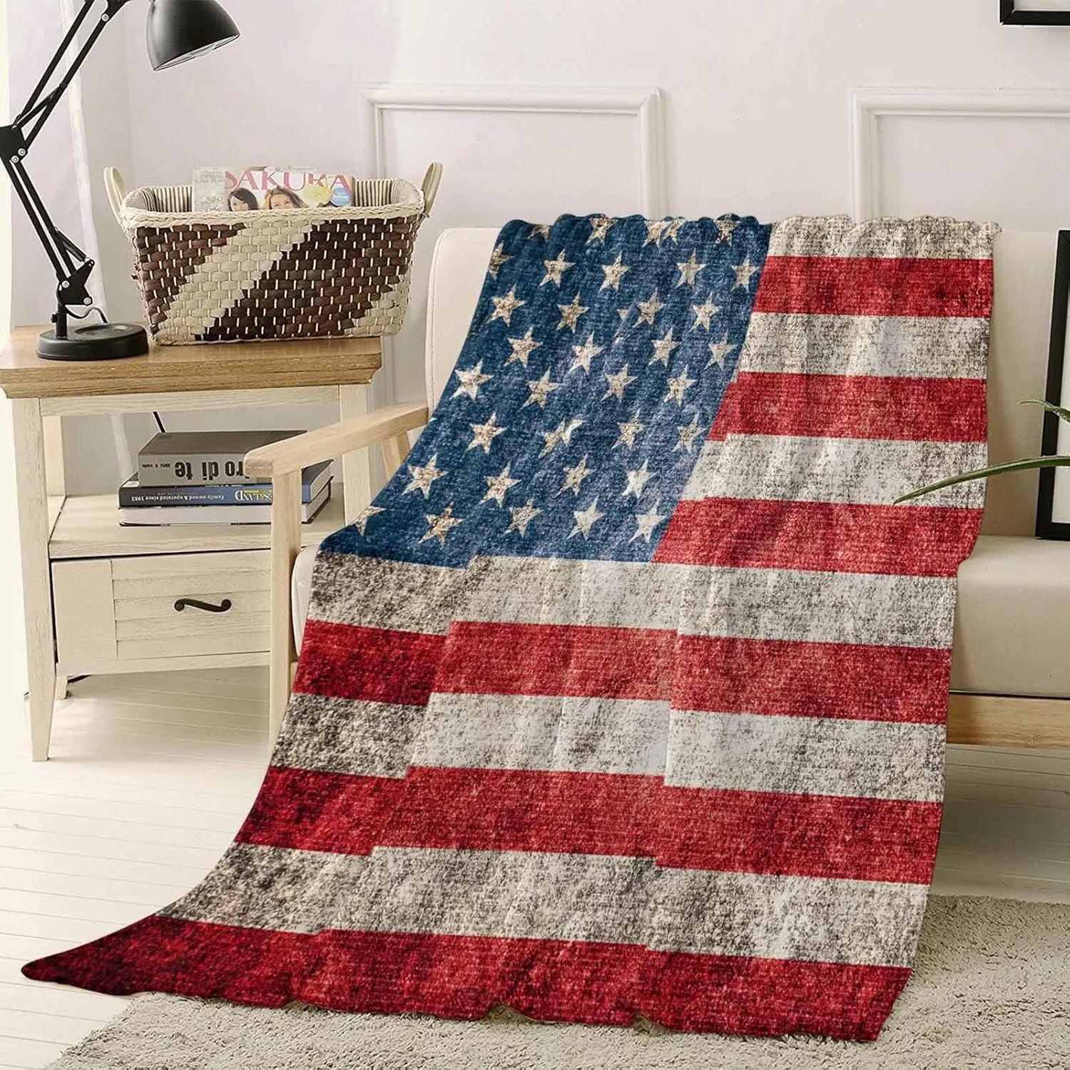 Fleece Flannel Blanket Vintage American Flag Thin Soft Warm Cozy Bed Throw for Home Sofa Travel Camping Couch Picnic Old USA Red White Blue Stripes Star 50x60IN