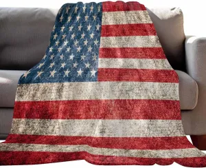 Fleece Flannel Blanket Vintage American Flag Thin Soft Warm Cozy Bed Throw for Home Sofa Travel Camping Couch Picnic Old USA Red White Blue Stripes Star 50x60IN