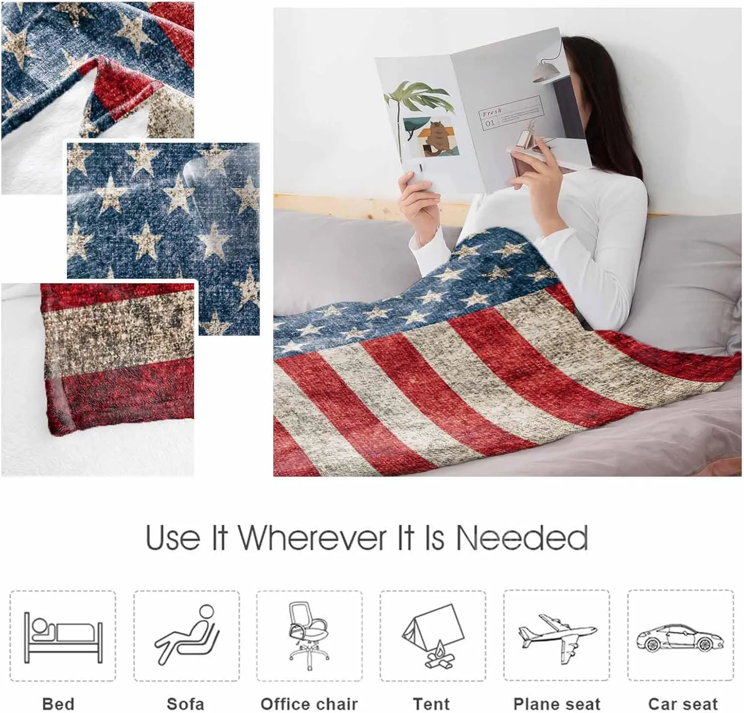 Fleece Flannel Blanket Vintage American Flag Thin Soft Warm Cozy Bed Throw for Home Sofa Travel Camping Couch Picnic Old USA Red White Blue Stripes Star 50x60IN