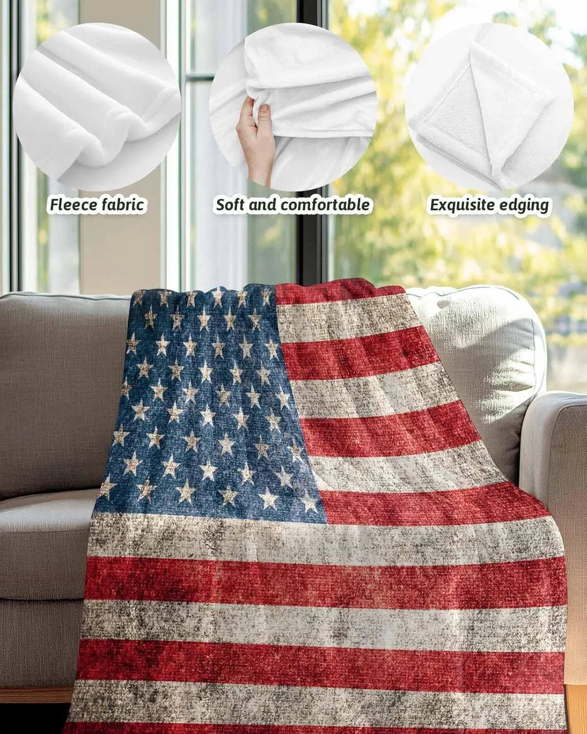 Fleece Flannel Blanket Vintage American Flag Thin Soft Warm Cozy Bed Throw for Home Sofa Travel Camping Couch Picnic Old USA Red White Blue Stripes Star 50x60IN
