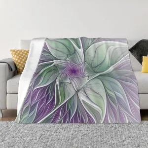 Flower Dream, Abstract Purple Green Fractal Art 60"X50" Flannel Blanket - 100% Soft Polyester, Lightweight and Warm, Suitable for Families, Camping, Travel