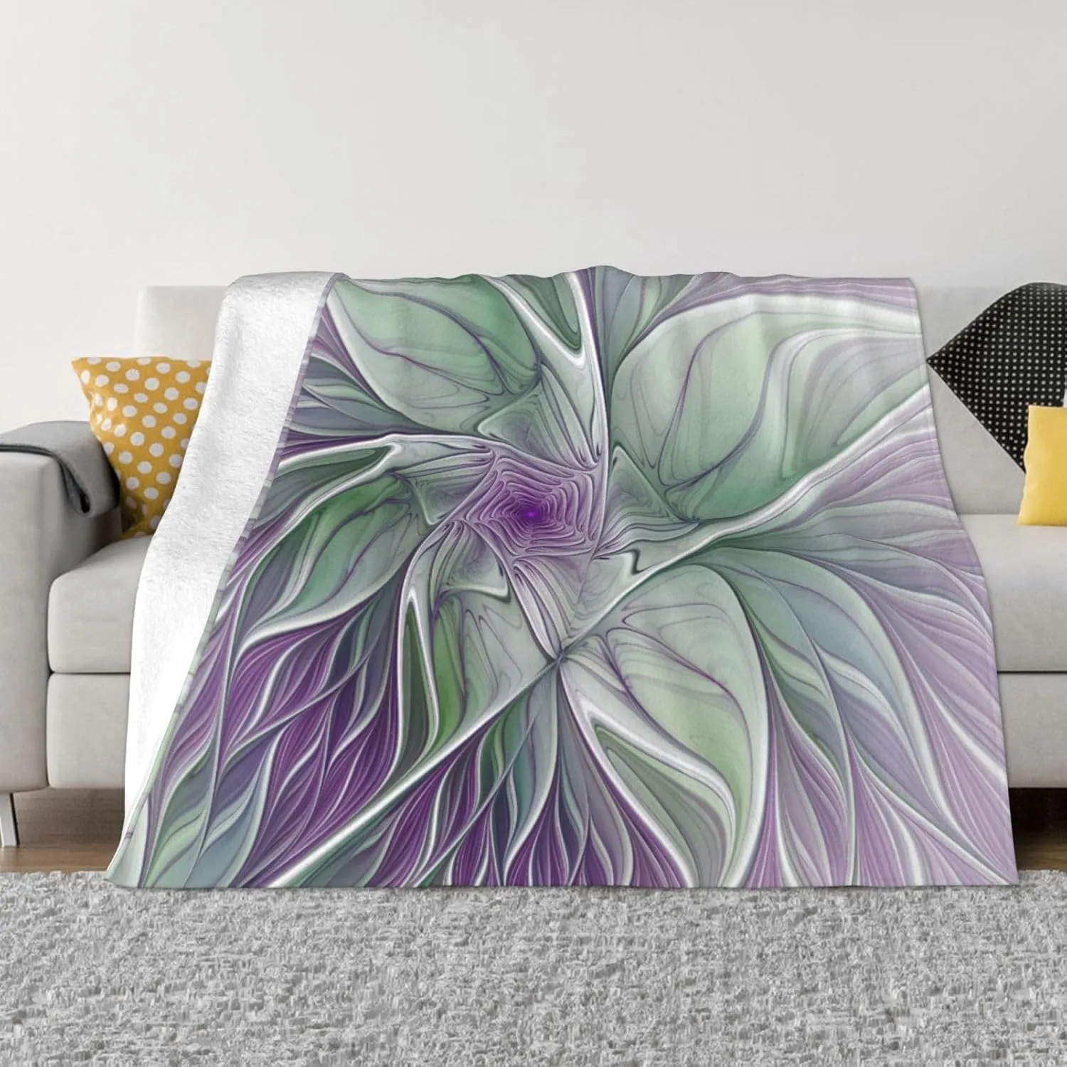 Flower Dream, Abstract Purple Green Fractal Art 60"X50" Flannel Blanket - 100% Soft Polyester, Lightweight and Warm, Suitable for Families, Camping, Travel