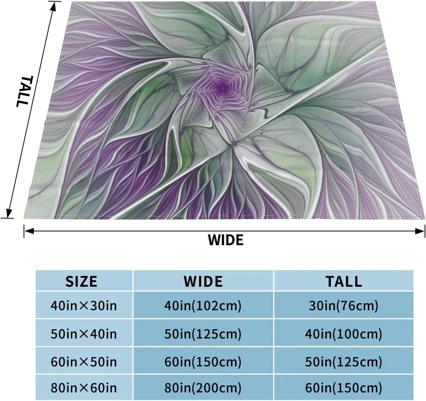 Flower Dream, Abstract Purple Green Fractal Art 60"X50" Flannel Blanket - 100% Soft Polyester, Lightweight and Warm, Suitable for Families, Camping, Travel