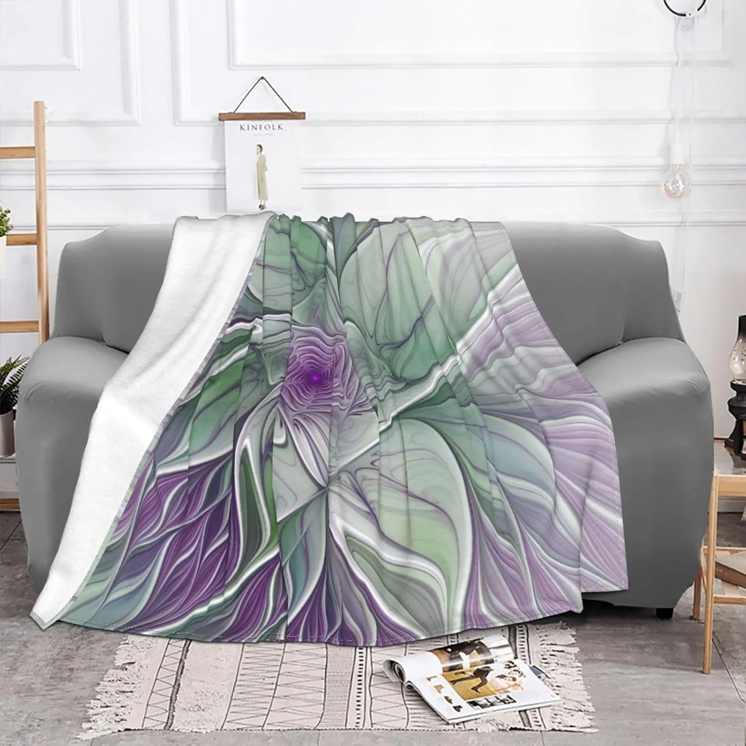 Flower Dream, Abstract Purple Green Fractal Art 60"X50" Flannel Blanket - 100% Soft Polyester, Lightweight and Warm, Suitable for Families, Camping, Travel