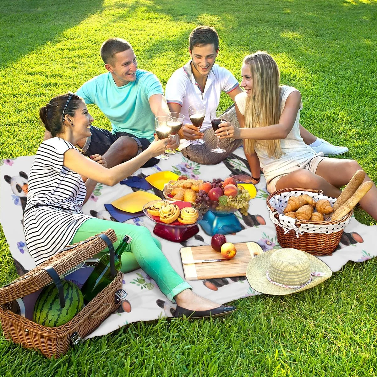 Flower Leaves Panda Beach Blanket Adults Waterproof Sandproof Large Beach Mat 59”x 68” Compact Lightweight Picnic Blankets Portable Quick Drying Sand Free Mats for Travel Camping Hiking
