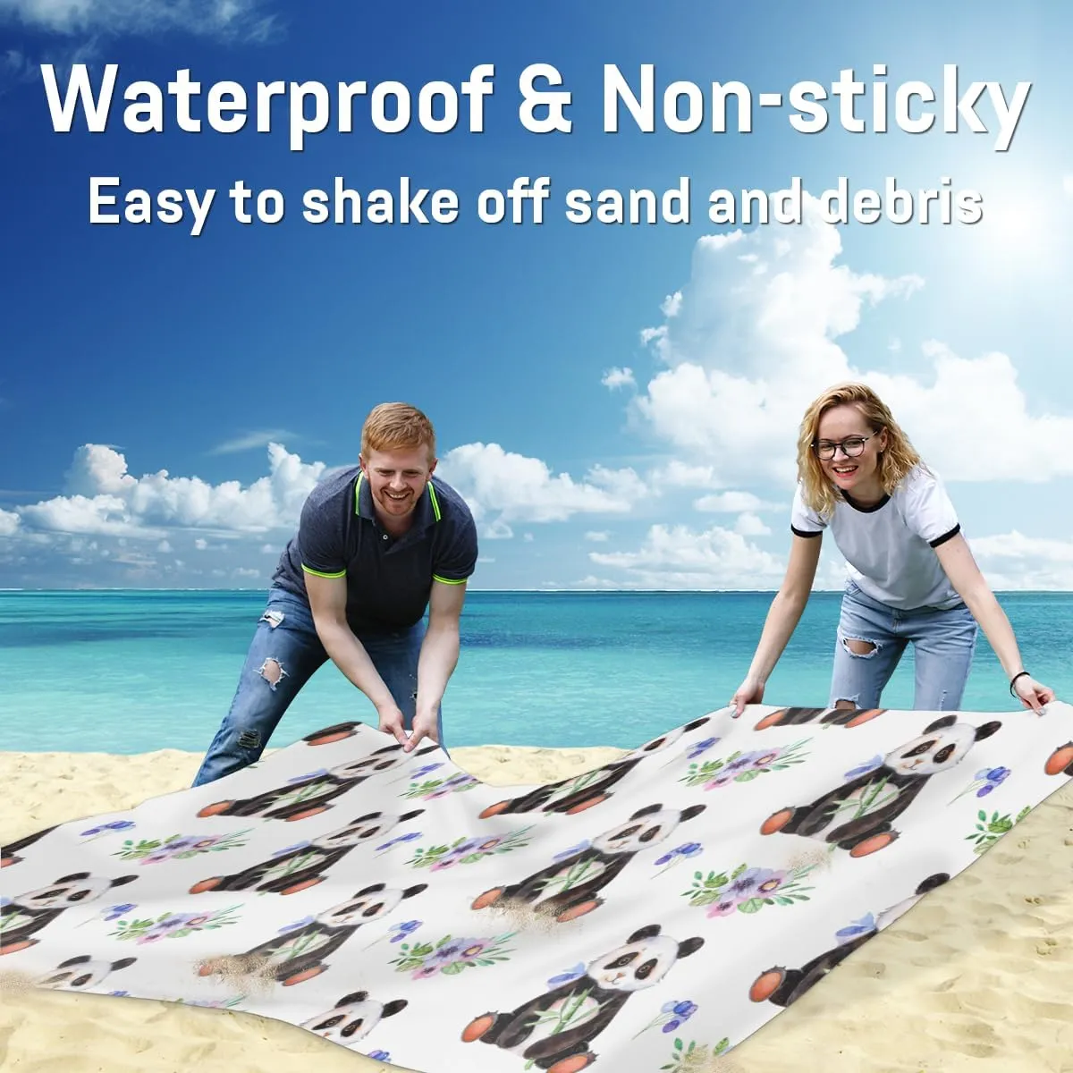 Flower Leaves Panda Beach Blanket Adults Waterproof Sandproof Large Beach Mat 59”x 68” Compact Lightweight Picnic Blankets Portable Quick Drying Sand Free Mats for Travel Camping Hiking