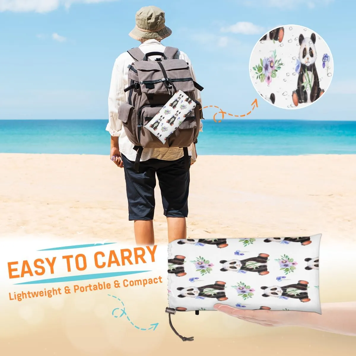 Flower Leaves Panda Beach Blanket Adults Waterproof Sandproof Large Beach Mat 59”x 68” Compact Lightweight Picnic Blankets Portable Quick Drying Sand Free Mats for Travel Camping Hiking