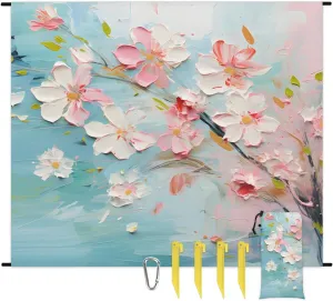 Flowers Beach Blanket, Sandproof Beach Mat, 68 x 59 Waterproof Quick Drying Sand Free Mat with 4 x Ground Spikes for Outdoor Travel Camping Hiking, Oil Painting Art