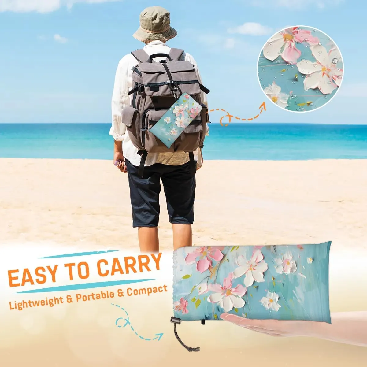 Flowers Beach Blanket, Sandproof Beach Mat, 68 x 59 Waterproof Quick Drying Sand Free Mat with 4 x Ground Spikes for Outdoor Travel Camping Hiking, Oil Painting Art