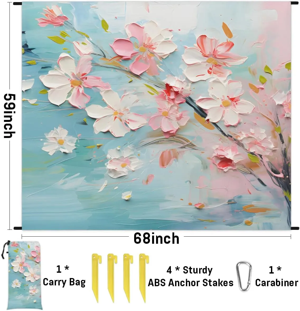 Flowers Beach Blanket, Sandproof Beach Mat, 68 x 59 Waterproof Quick Drying Sand Free Mat with 4 x Ground Spikes for Outdoor Travel Camping Hiking, Oil Painting Art