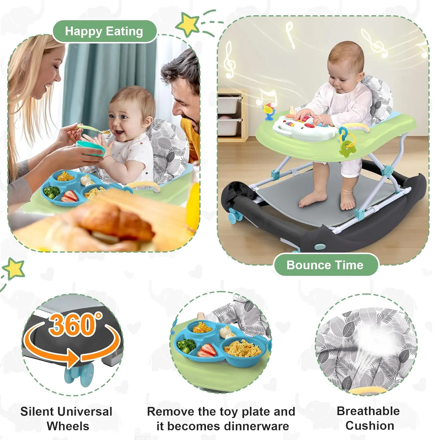 Foldable Baby 5-in-1 Activity Walker - Rocker, Activity Center, Bouncer, Seat Walker, Push Walker - Adjustable Speed Rear Wheels and Height Toys Ages 6-18 Months… (Green)