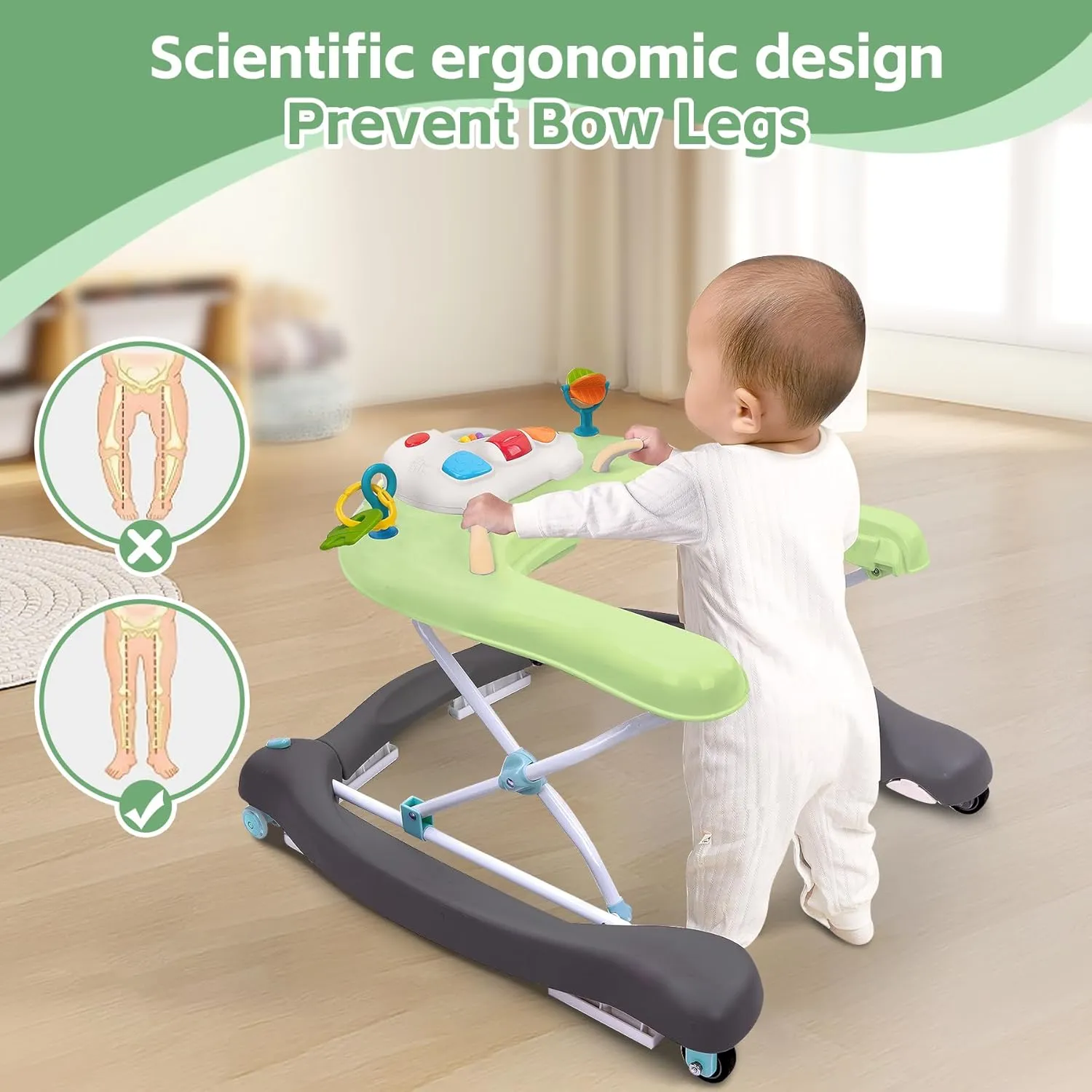 Foldable Baby 5-in-1 Activity Walker - Rocker, Activity Center, Bouncer, Seat Walker, Push Walker - Adjustable Speed Rear Wheels and Height Toys Ages 6-18 Months… (Green)