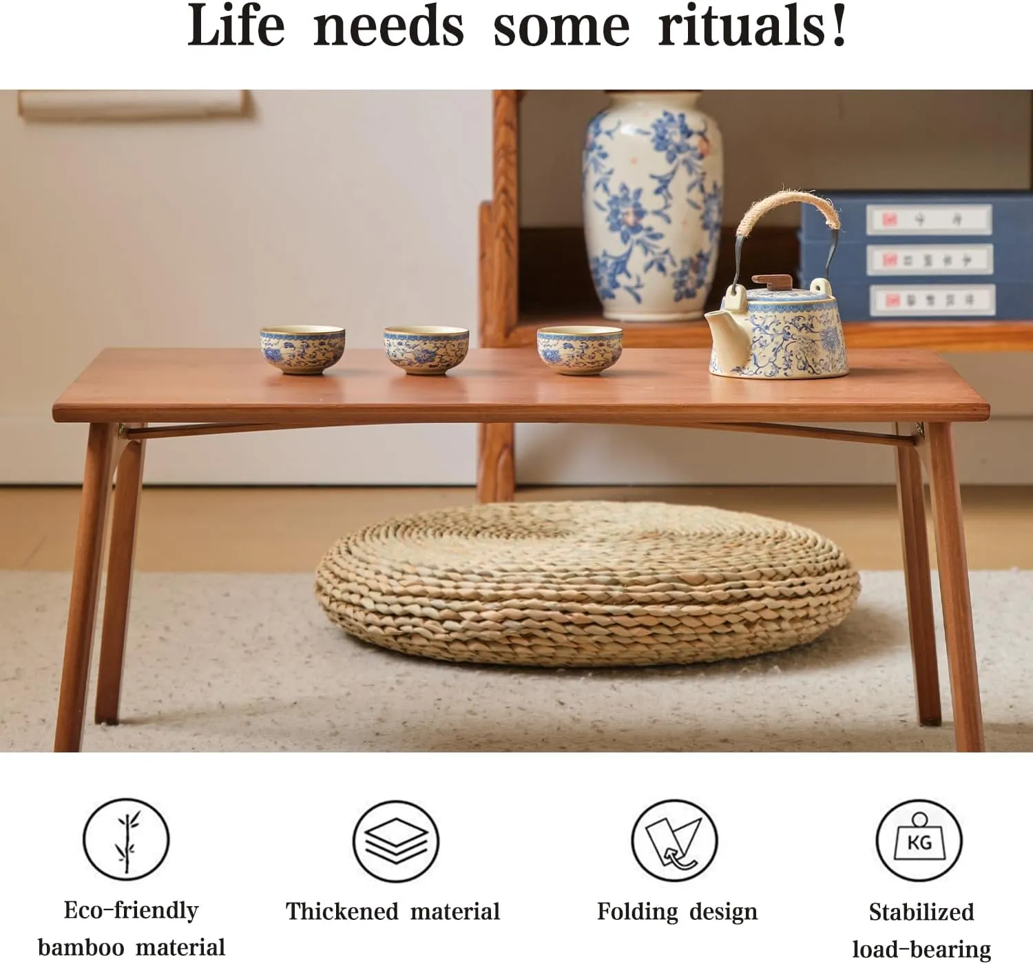 Foldable Bamboo Floor Table No Assembly Required Outdoor Picnic Table Small Bedroom Furniture Laptop Desk Folding Coffee Tables for Living Room Decor (Walnut, Large)