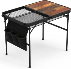 Foldable Camping Table with Mesh Desktop, Collapsible Picnic Aluminum Alloy Grill Stand, Height Adjustable Outdoor Table for Beach Hiking Outdoor, Black