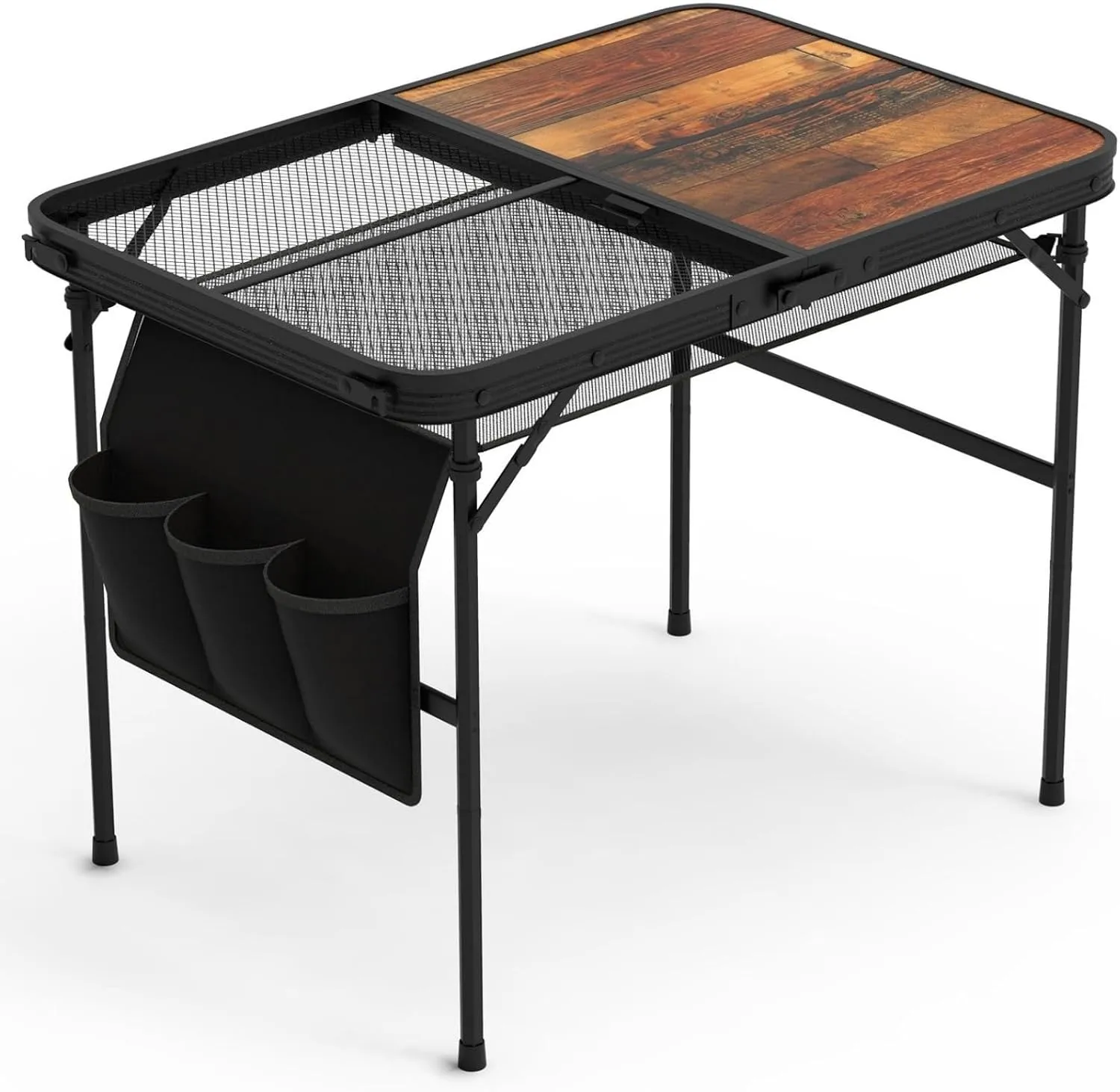 Foldable Camping Table with Mesh Desktop, Collapsible Picnic Aluminum Alloy Grill Stand, Height Adjustable Outdoor Table for Beach Hiking Outdoor, Black