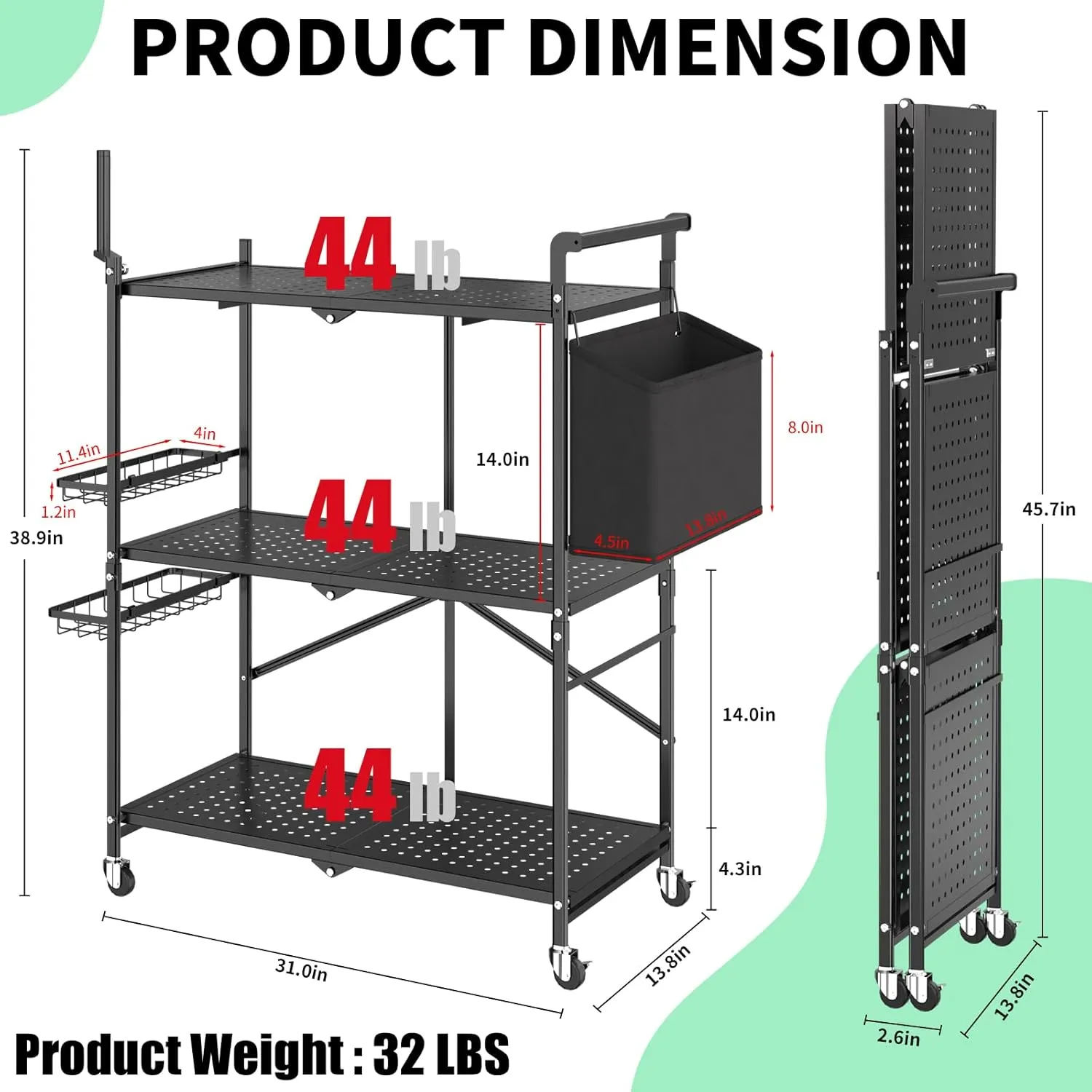 Foldable Outdoor Grill Cart with 3-Tier,Grill Cart,Grill Table for Outside with 2 Total Lock Casters，Pizza Oven Stand Table，Rolling BBQ Table and Folding Kitchen Island, Black