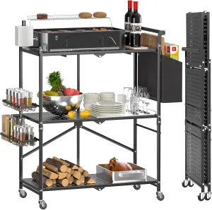 Foldable Outdoor Grill Cart with 3-Tier,Grill Cart,Grill Table for Outside with 2 Total Lock Casters，Pizza Oven Stand Table，Rolling BBQ Table and Folding Kitchen Island, Black