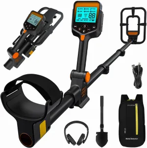 Foldable Rechargeable Metal Detector for Adults - Waterproof, Adjustable, Includes Shovel, Backpack & Headphones, Blue Backlight LCD for Gold & Silver Detection, Orange