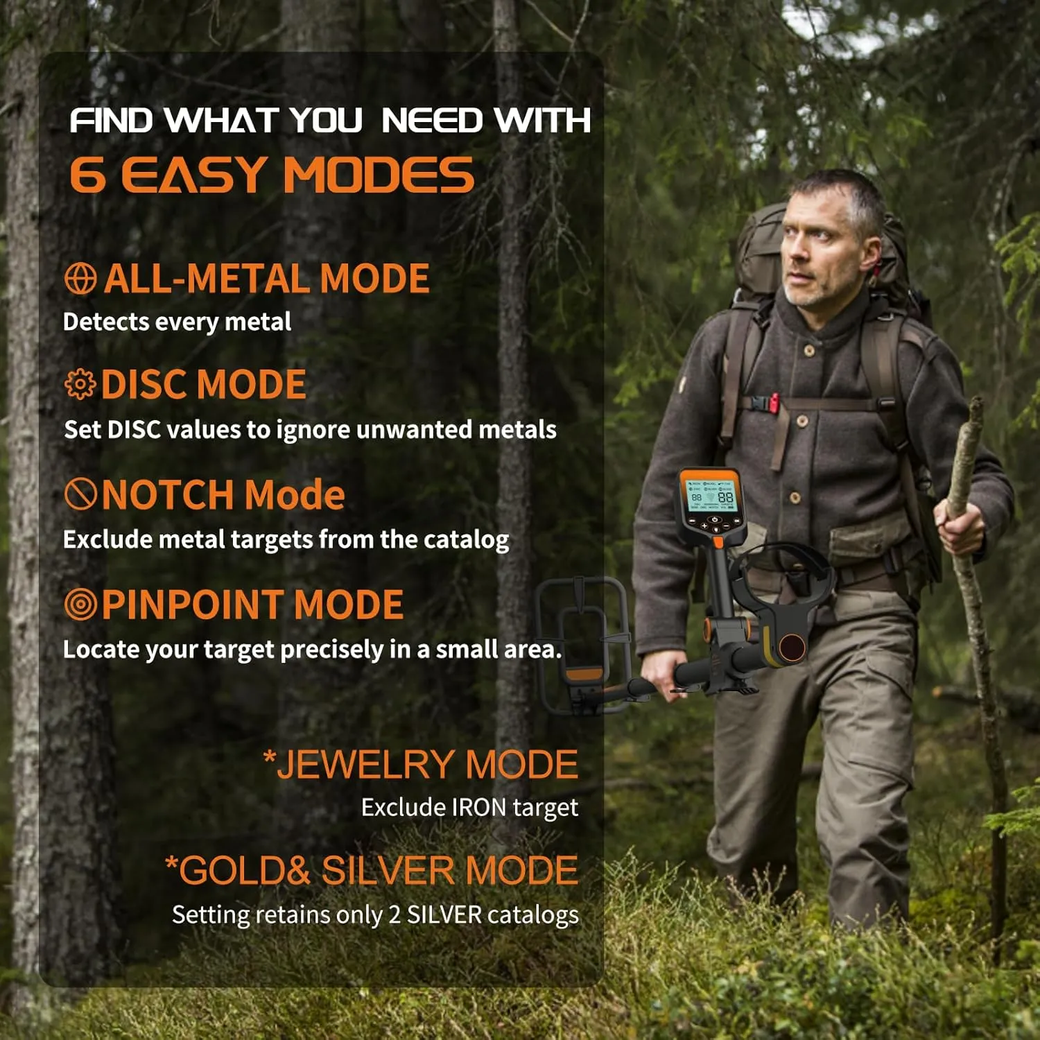 Foldable Rechargeable Metal Detector for Adults - Waterproof, Adjustable, Includes Shovel, Backpack & Headphones, Blue Backlight LCD for Gold & Silver Detection, Orange