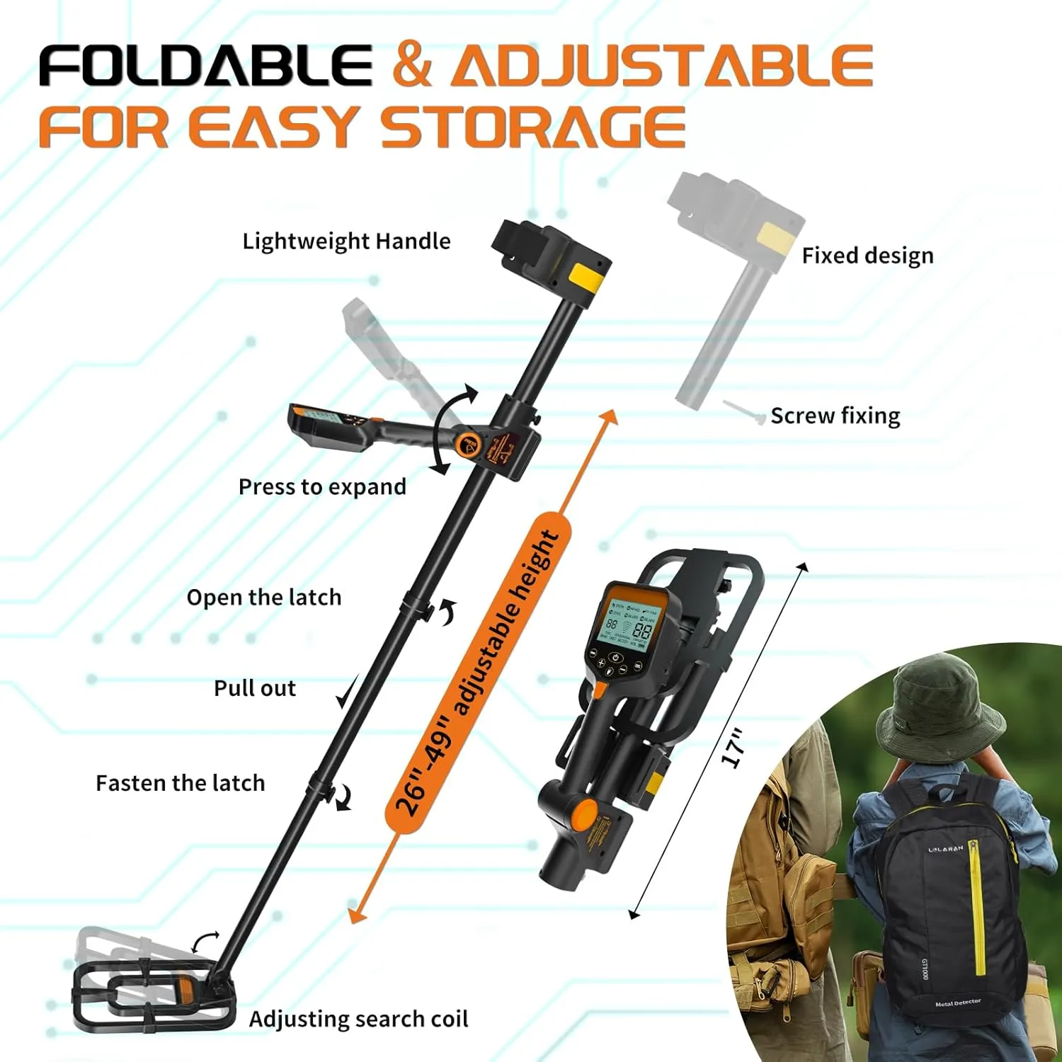 Foldable Rechargeable Metal Detector for Adults - Waterproof, Adjustable, Includes Shovel, Backpack & Headphones, Blue Backlight LCD for Gold & Silver Detection, Orange