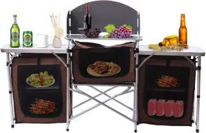 Folding Camping Kitchen Table with Storage, Aluminum Portable Outdoor Cooking Table with Windscreen,Foldable Camp Table Cook Station for BBQ, Grill, Party,Picnics,68''×18''×43.5'' (Brown)