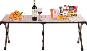 Folding Camping Table, Aluminum Portable Rolling Picnic Table Handy Coastal Picnic Table Seats 4-6 People for Barbecue Backyard Patio Party Wood Grain Finish