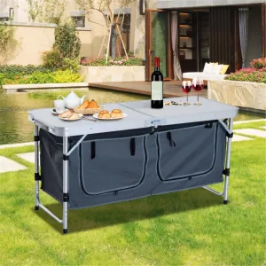 Folding Camping Table, Dining Table with Storage, Lightweight & Portable, 3 Heights Adjustable Folding Table for BBQ, Camping, Picnic and Indoor Use, Grey