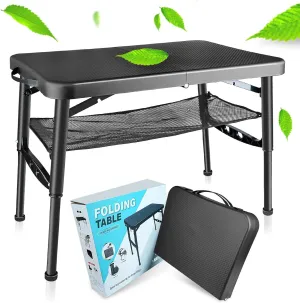 Folding Camping Table, Portable Small Folding Table with 4 Heights Adjustable Legs for Outdoor Picnic Beach, Indoor Computer Table, Lightweight Foldable Camp Table with Mesh Layer
