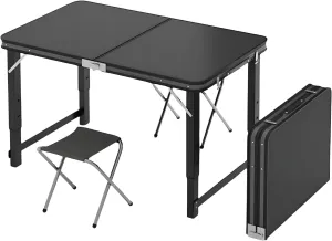 Folding Camping Table, Pure Black Aluminum Picnic Table, Small Metal Folding Table, Reinforced Outdoor Table, Adjustable Height Portable Handle for Travel Cooking,Table   Two stools,S