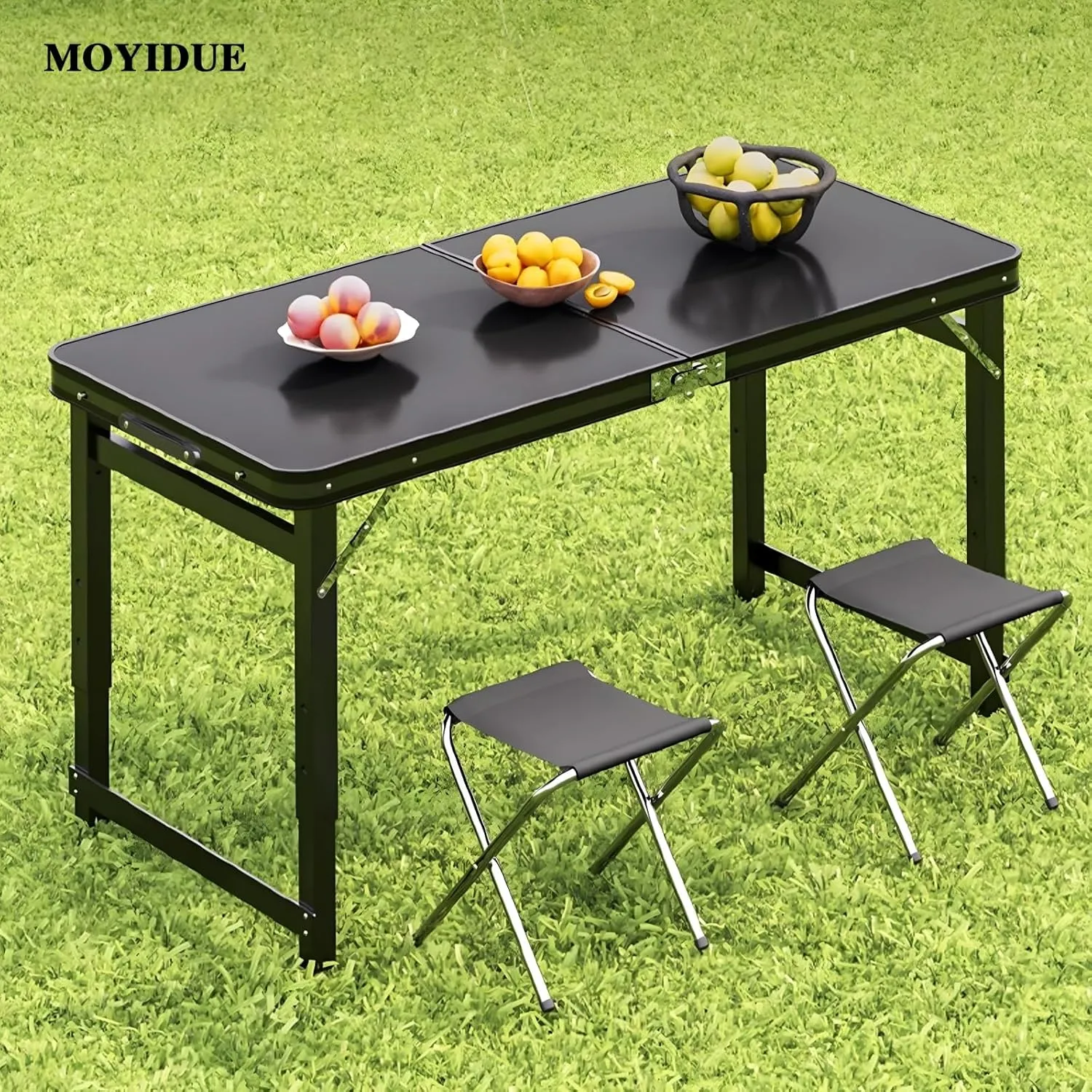 Folding Camping Table, Pure Black Aluminum Picnic Table, Small Metal Folding Table, Reinforced Outdoor Table, Adjustable Height Portable Handle for Travel Cooking,Table   Two stools,S