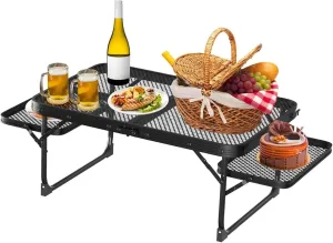 Folding Camping Table with 2 Wing Panels, Aluminum Alloy Grill, Lightweight Outdoor Grill Table for Picnic, Camping, BBQ, Beach, Black