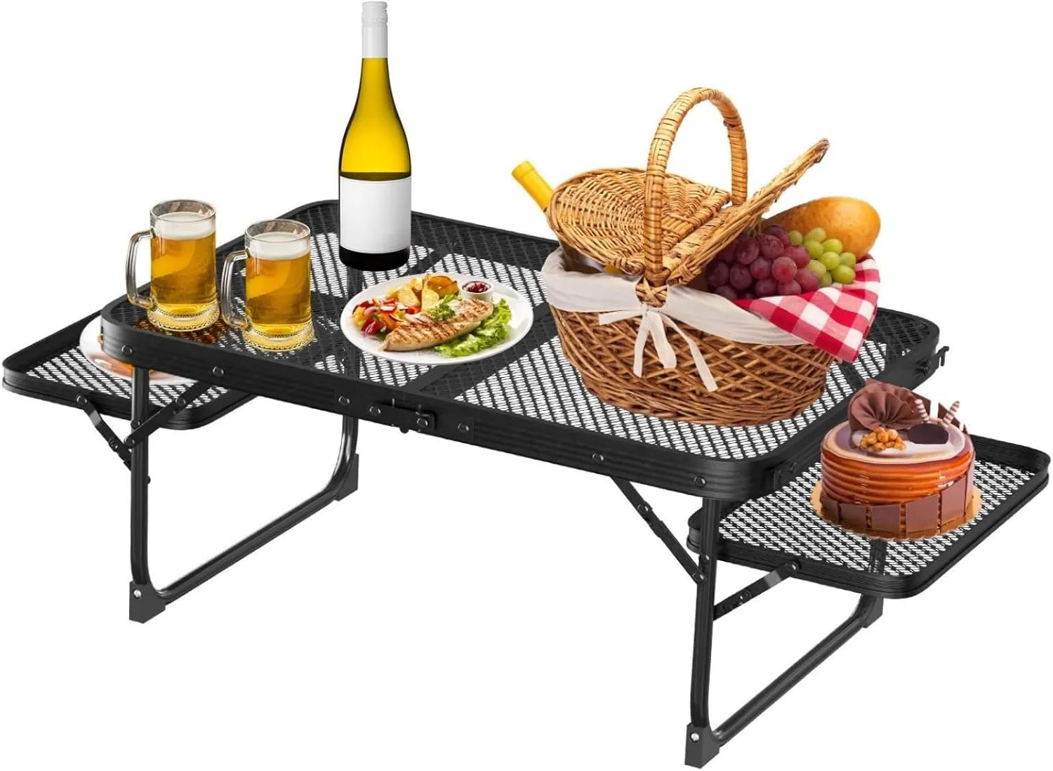 Folding Camping Table with 2 Wing Panels, Aluminum Alloy Grill, Lightweight Outdoor Grill Table for Picnic, Camping, BBQ, Beach, Black