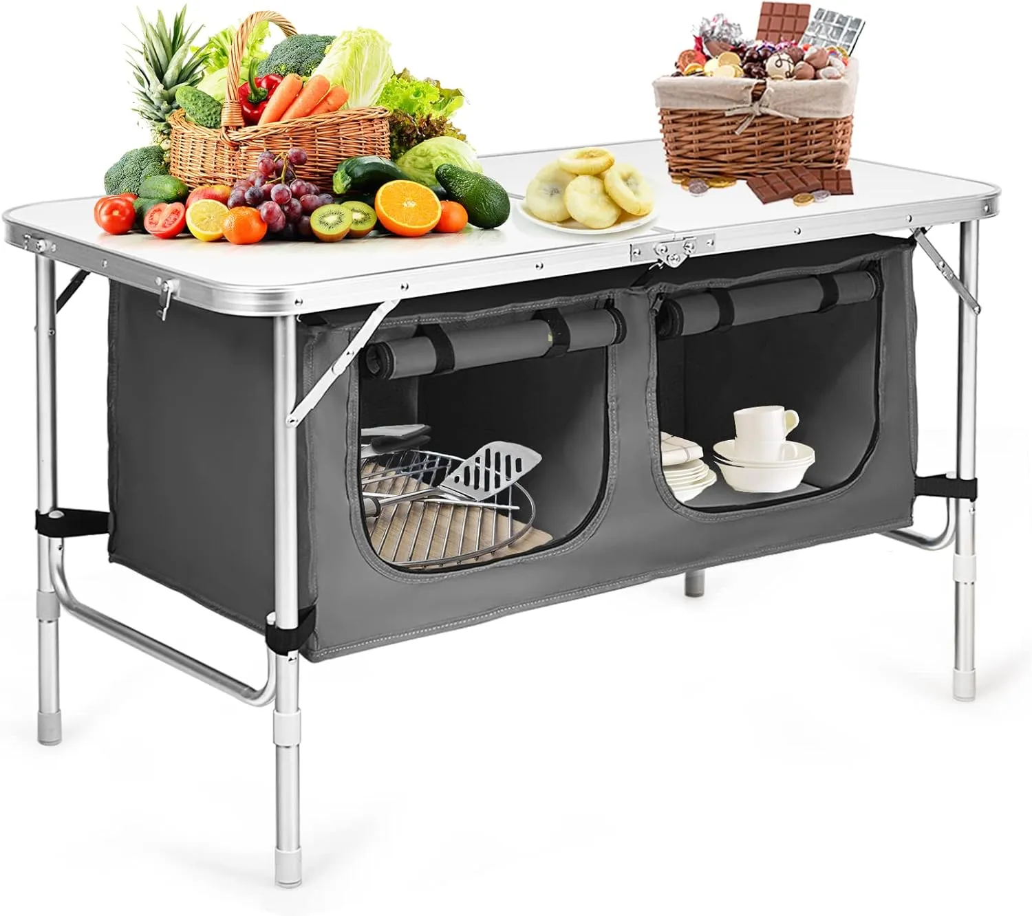 Folding Camping Table with Storage- Portable Aluminum Picnic Tables, Height Adjustable for Indoor/Outdoor Camp Party BBQ Travel Fishing