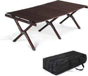 Folding Camping Table Wooden Portable Roll-Up Picnic Table for BBQ Backyard Patio Party,Roll Folding Wood Table, Portable Table for Bistro, Deck 120 x 60 x 40cm