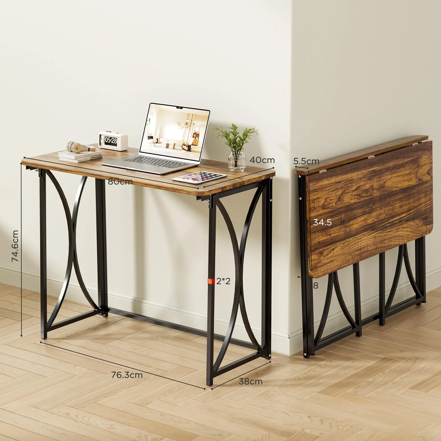 Folding Desk, 31.5" Small Desk for Bedroom, Space Saving Foldable Computer Desk for Home Office, Easy Assembly, Brown