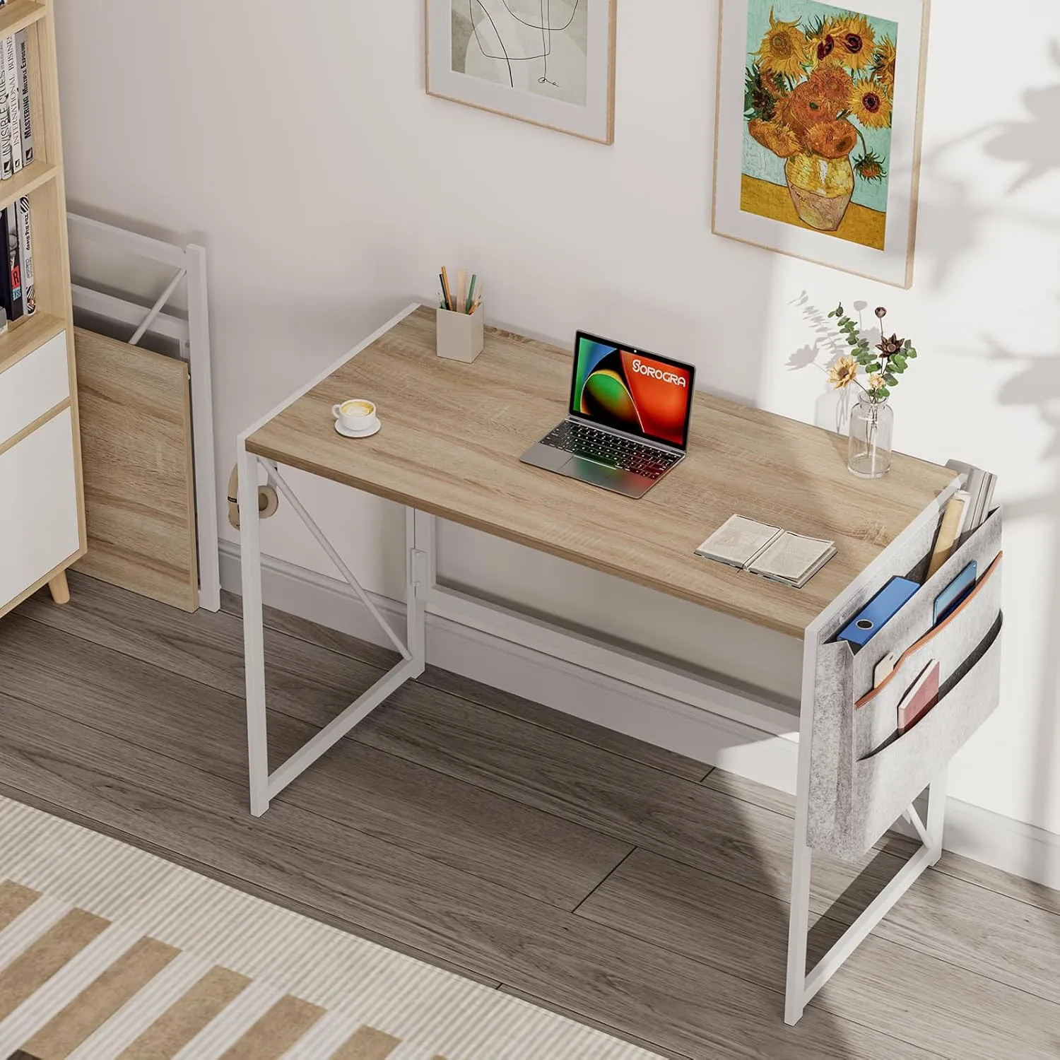 Folding Desk with Storage Pocket for Small Spaces, 39.4 Inch Foldable Desk with Headphone Hook for Bedroom Home Office, Portable Writing Table, Easy Assembly, Oak