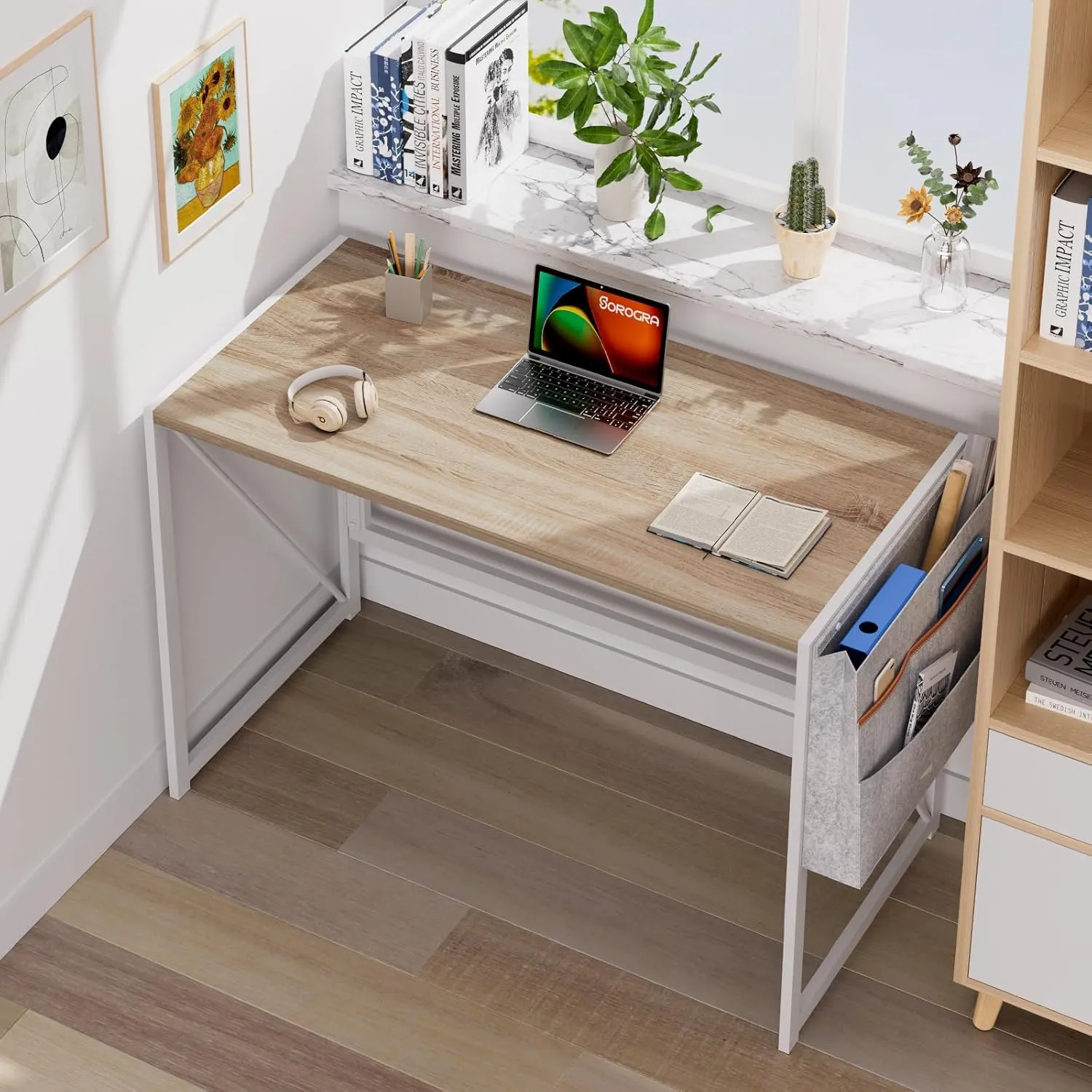 Folding Desk with Storage Pocket for Small Spaces, 39.4 Inch Foldable Desk with Headphone Hook for Bedroom Home Office, Portable Writing Table, Easy Assembly, Oak