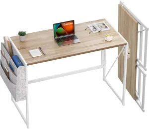 Folding Desk with Storage Pocket for Small Spaces, 39.4 Inch Foldable Desk with Headphone Hook for Bedroom Home Office, Portable Writing Table, Easy Assembly, Oak