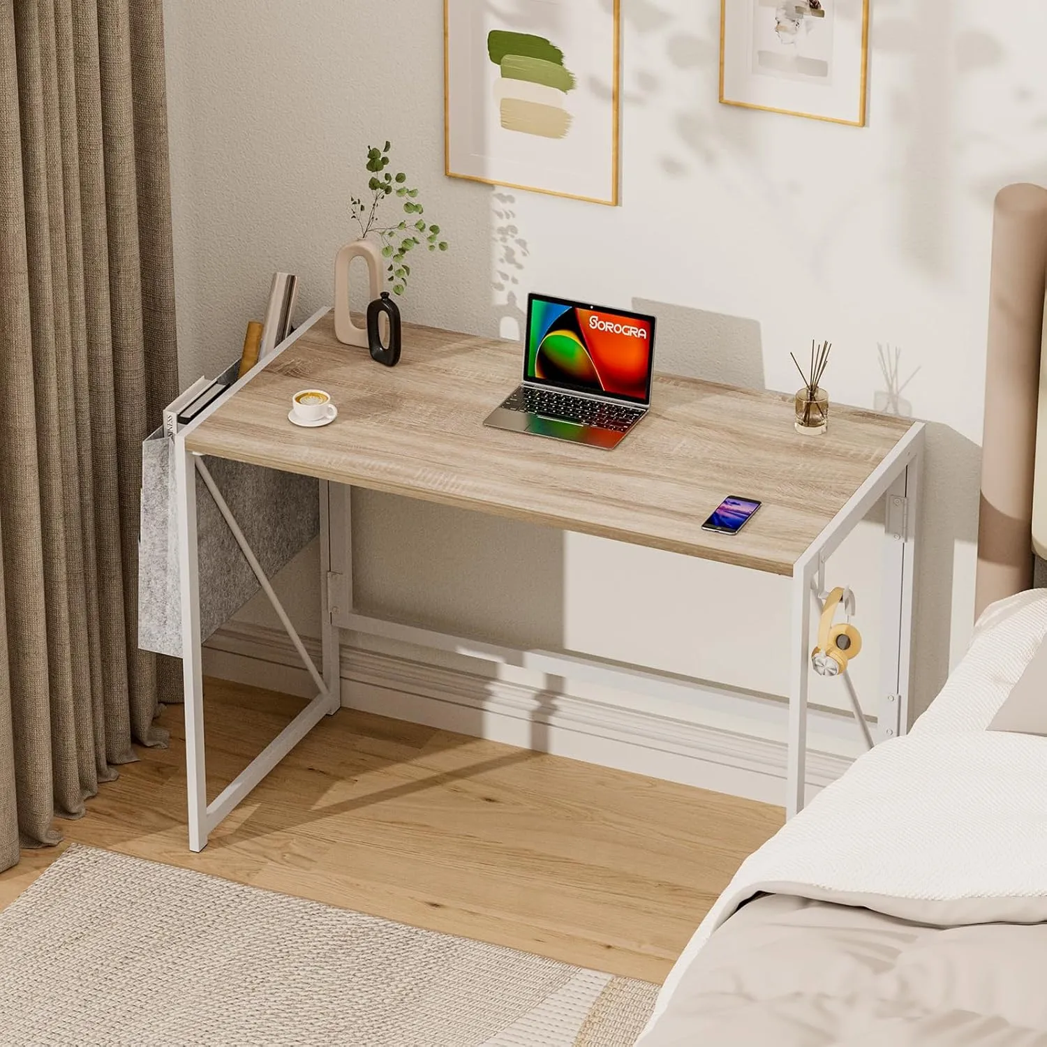 Folding Desk with Storage Pocket for Small Spaces, 39.4 Inch Foldable Desk with Headphone Hook for Bedroom Home Office, Portable Writing Table, Easy Assembly, Oak