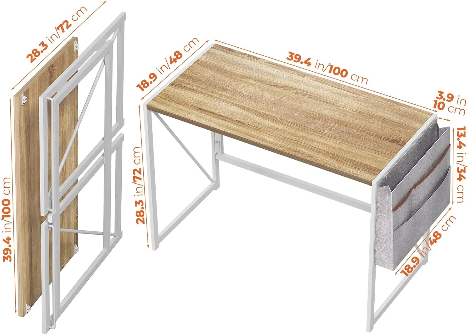 Folding Desk with Storage Pocket for Small Spaces, 39.4 Inch Foldable Desk with Headphone Hook for Bedroom Home Office, Portable Writing Table, Easy Assembly, Oak