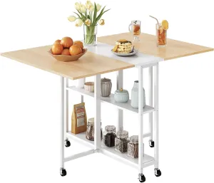 Folding Dining Table, Movable Dining Table, Kitchen Table for Small Space, Foldable and Expandable Desk Furniture with 6 Wheels, for Dining, Living Room, Apartment, White and Natural TCZ01WN